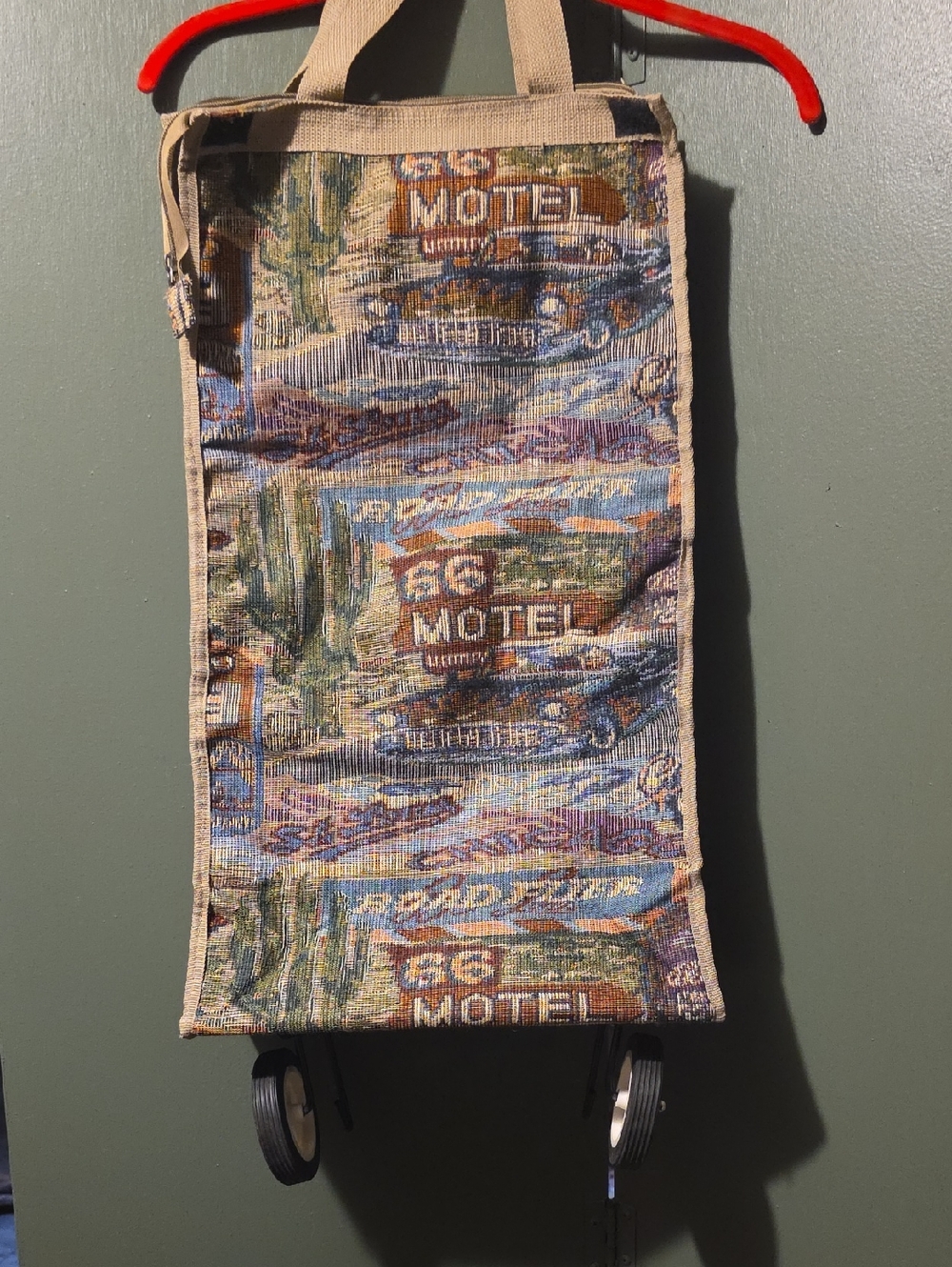 Vintage Route 66 Tapestry Shopping Tote with Wheels - Multicolor
